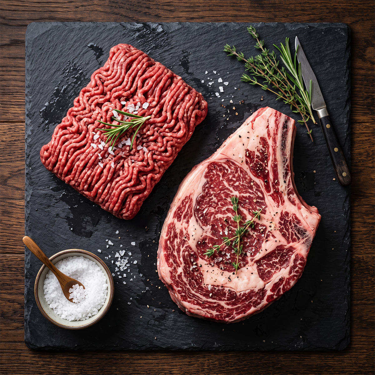 Raw ground beef and a bone-in ribeye steak on a slate board with salt, rosemary, and thyme