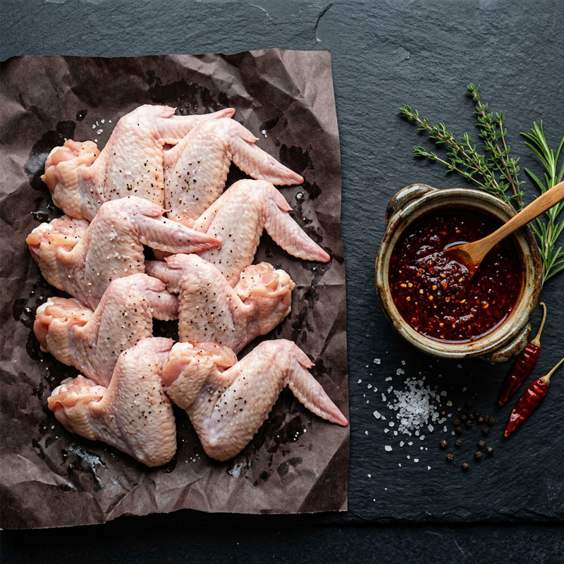Raw seasoned chicken wings on parchment paper next to a bowl of chili sauce, fresh herbs, and spices