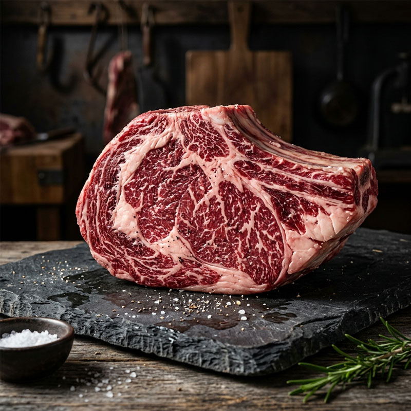 Thick raw bone-in ribeye steak with extensive marbling on a slate board with salt and rosemary
