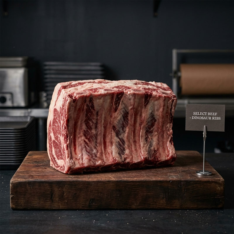 Raw marbled beef dinosaur ribs on a wooden butcher block with a sign labeled Select Beef - Dinosaur Ribs