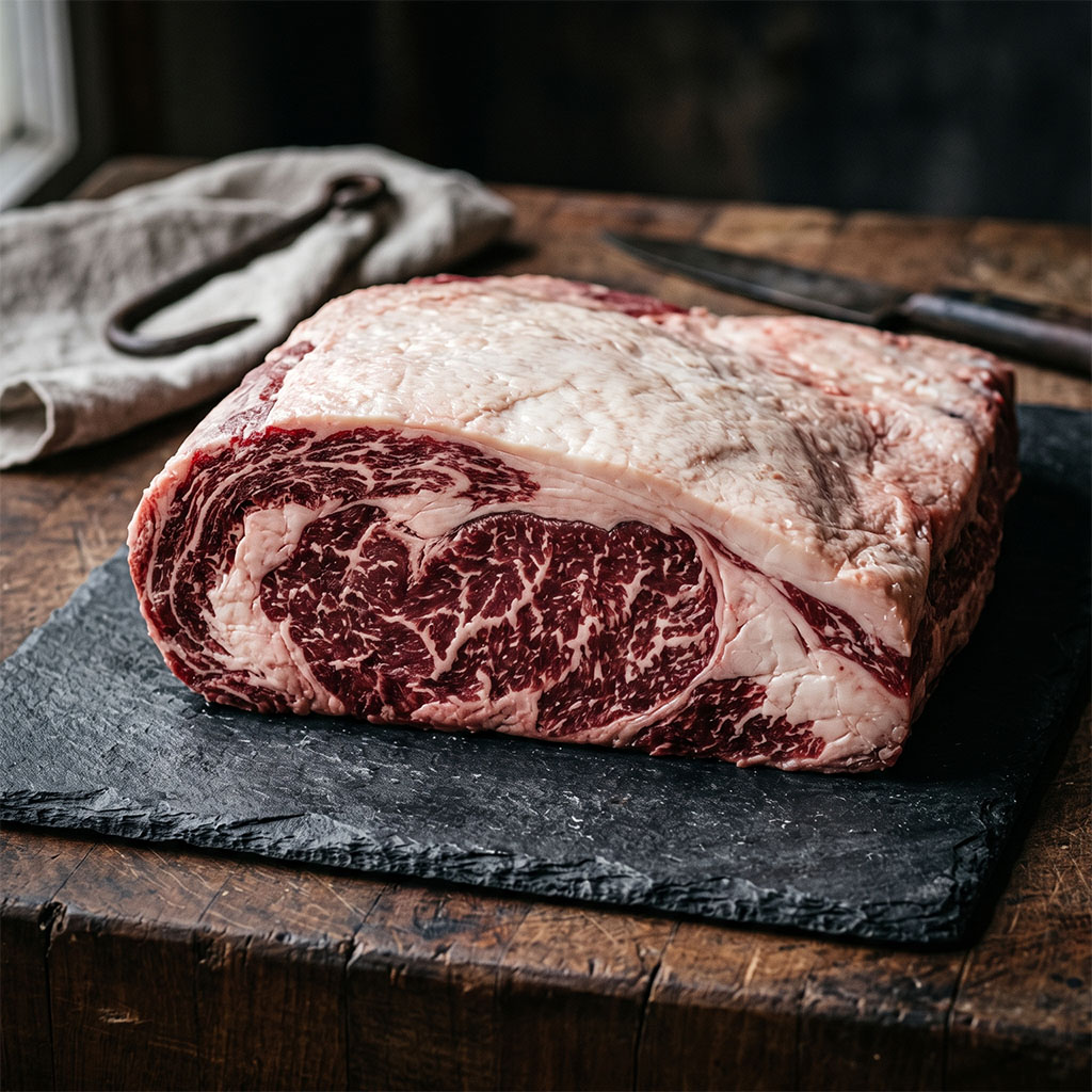 A thick, heavily marbled raw ribeye roast with a fat cap on a slate board