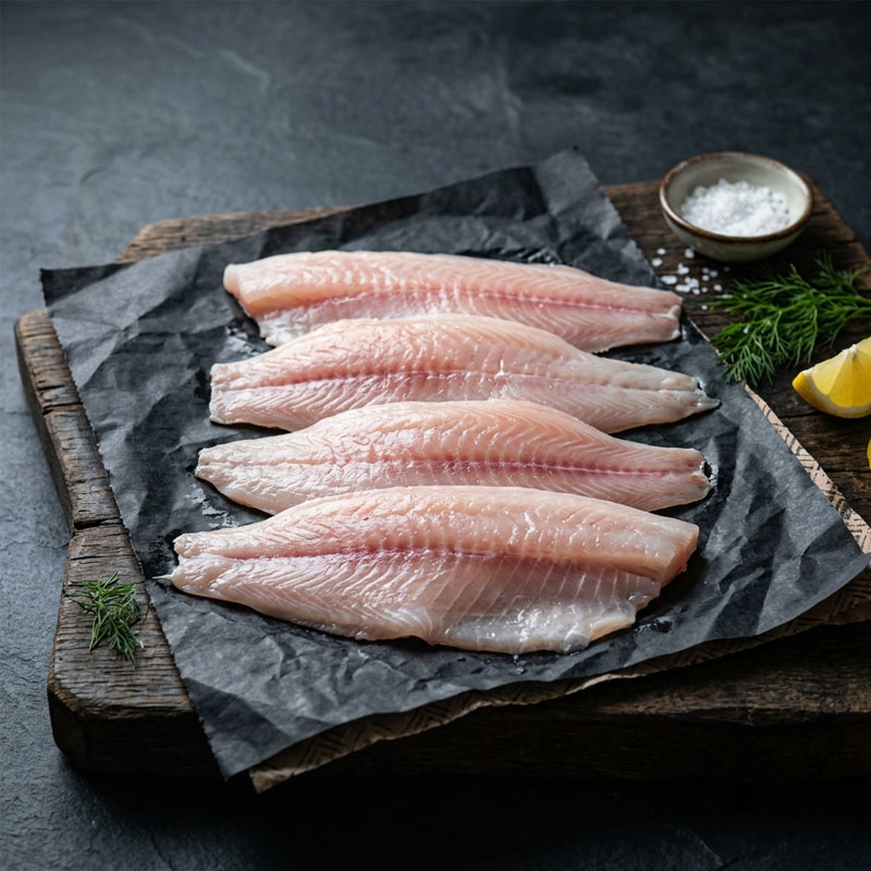 Four raw white fish fillets on black parchment paper with fresh dill, lemon, and sea salt