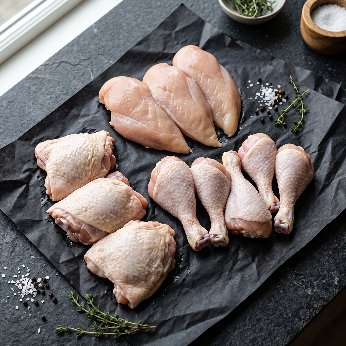 Raw chicken breasts, thighs, and drumsticks on black parchment paper with herbs and spices