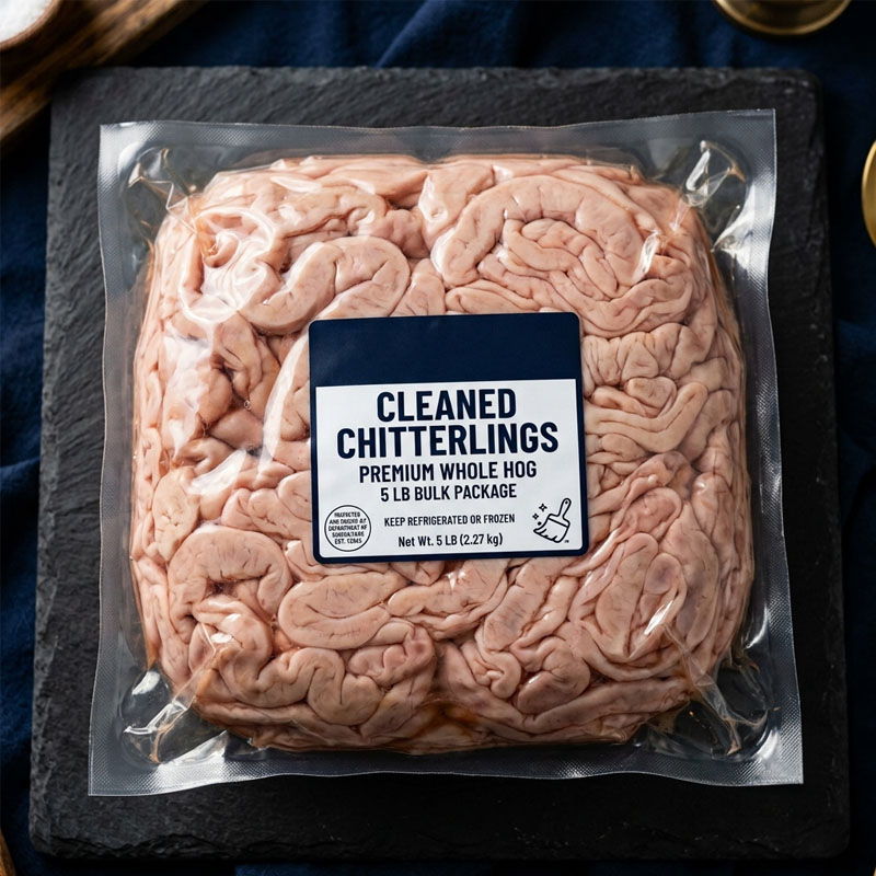 A 5 lb vacuum-sealed package of cleaned premium whole hog chitterlings