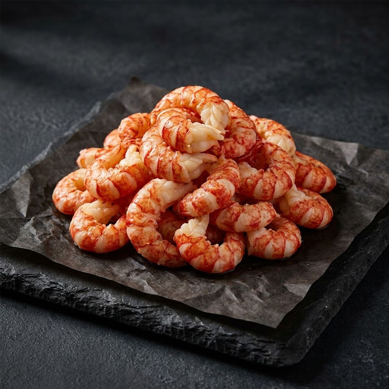 Pile of cooked, peeled shrimp on dark parchment paper