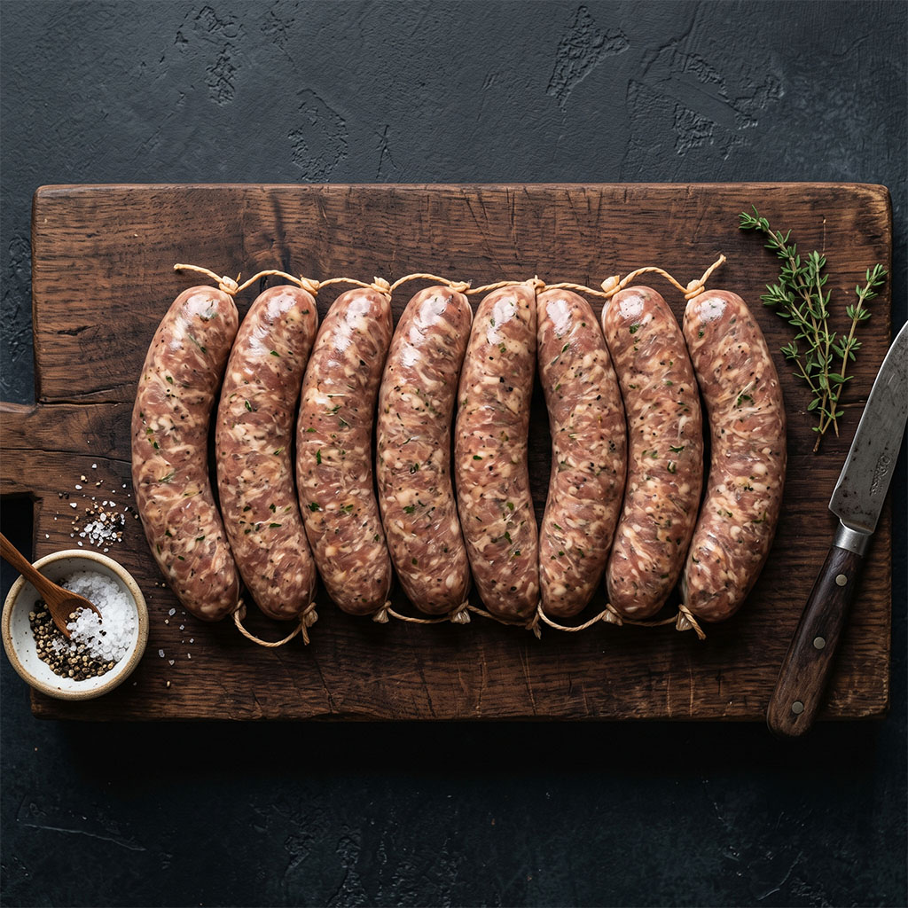 Eight raw sausages tied with twine on a dark wooden cutting board with salt, pepper, and fresh thyme