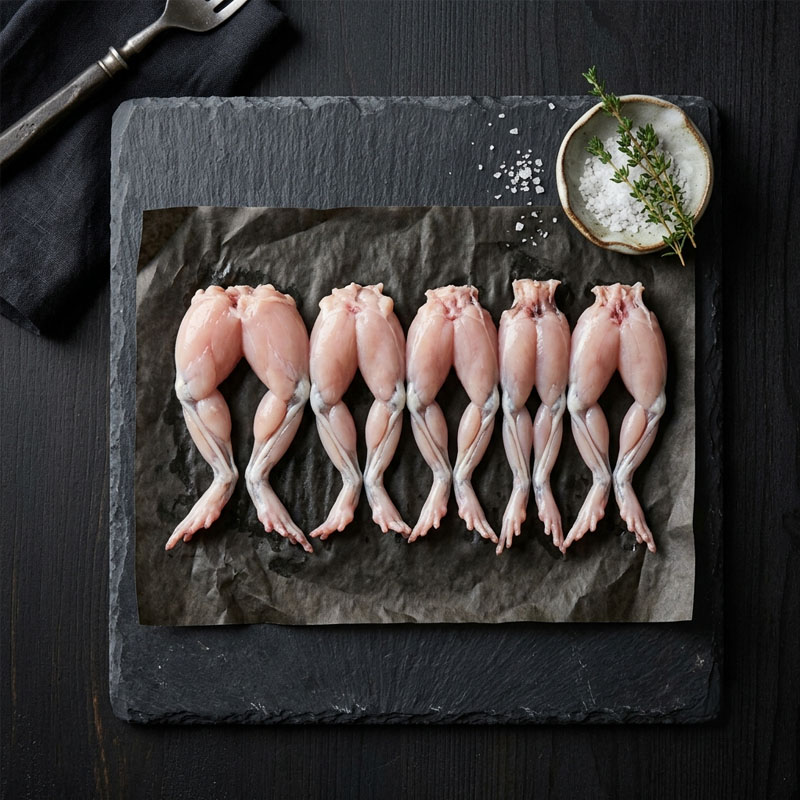 Five pairs of raw frog legs on dark parchment paper with a bowl of salt and a sprig of thyme