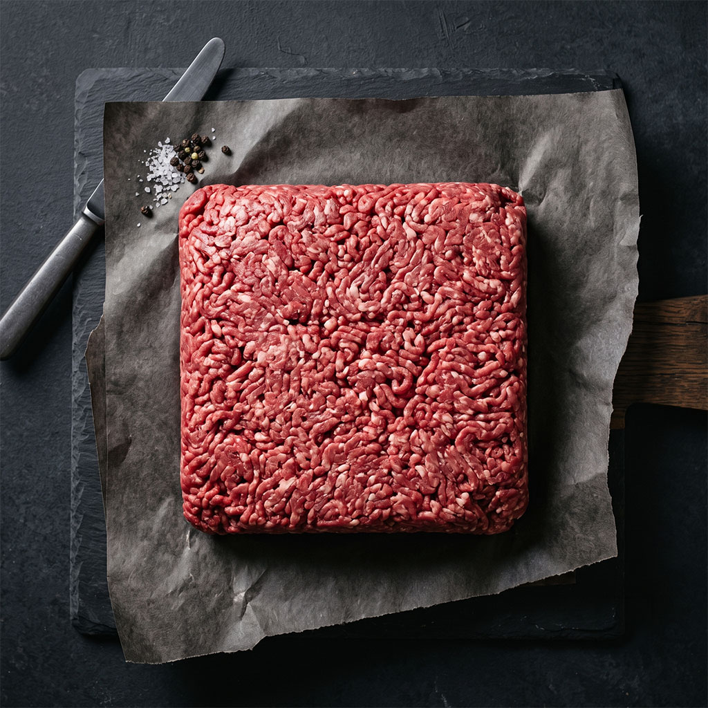 Raw ground beef shaped into a square on parchment paper with salt and peppercorns