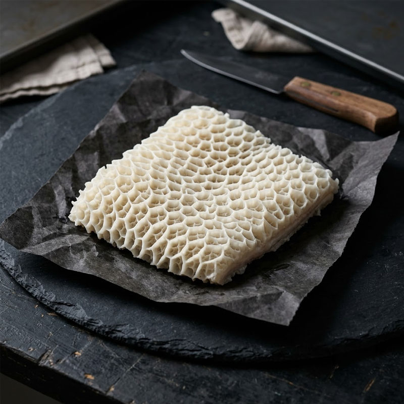 A square piece of white honeycomb tripe on dark parchment paper next to a wooden-handled knife