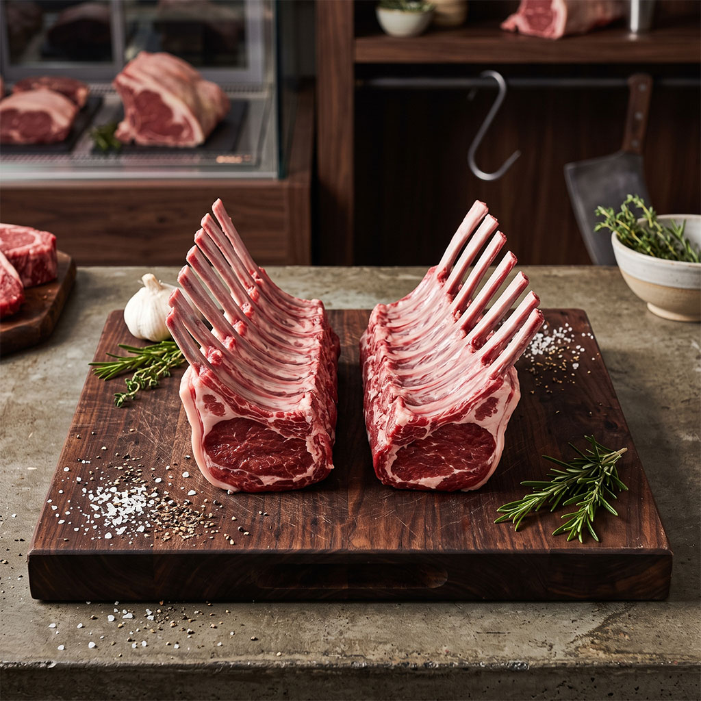 Two raw frenched racks of lamb on a wooden cutting board with salt, pepper, and fresh herbs