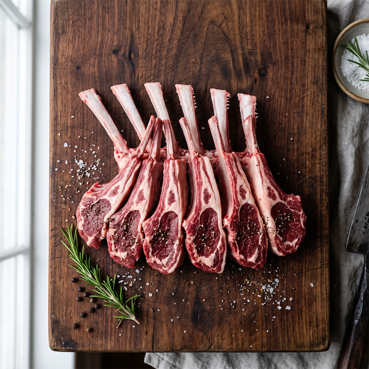 Raw lamb chops seasoned with salt and pepper on a wooden cutting board with a sprig of rosemary