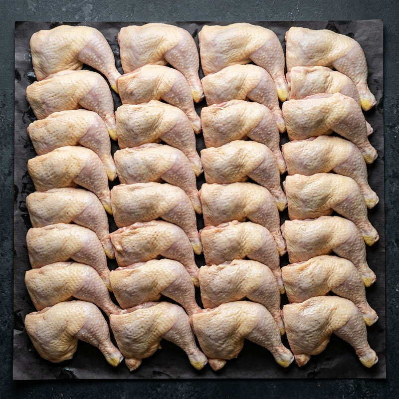 Rows of raw chicken leg quarters laid out on a dark surface