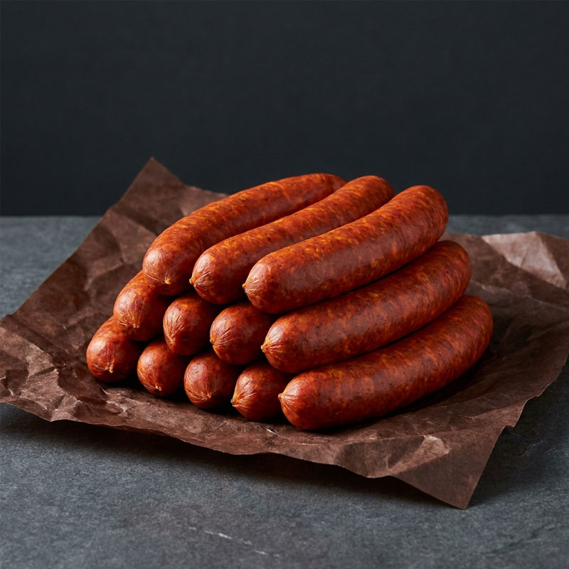 A stack of reddish-brown sausages on brown butcher paper