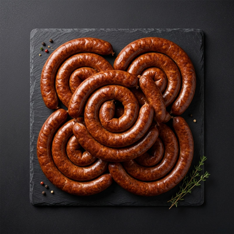 Five coiled sausages on a black slate platter with peppercorns and thyme