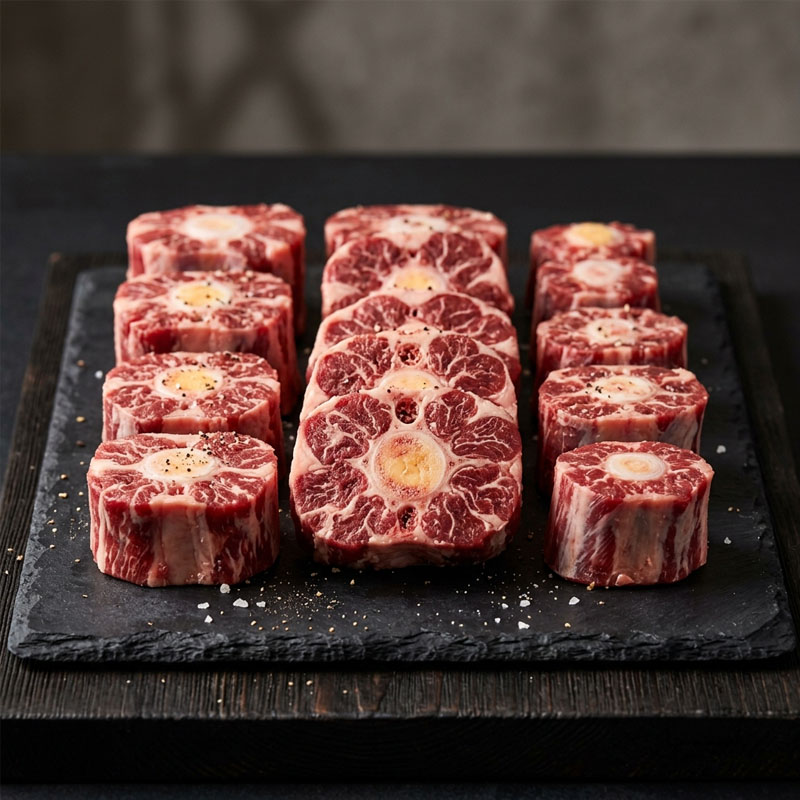 Raw oxtail pieces seasoned with salt and pepper on a black slate board