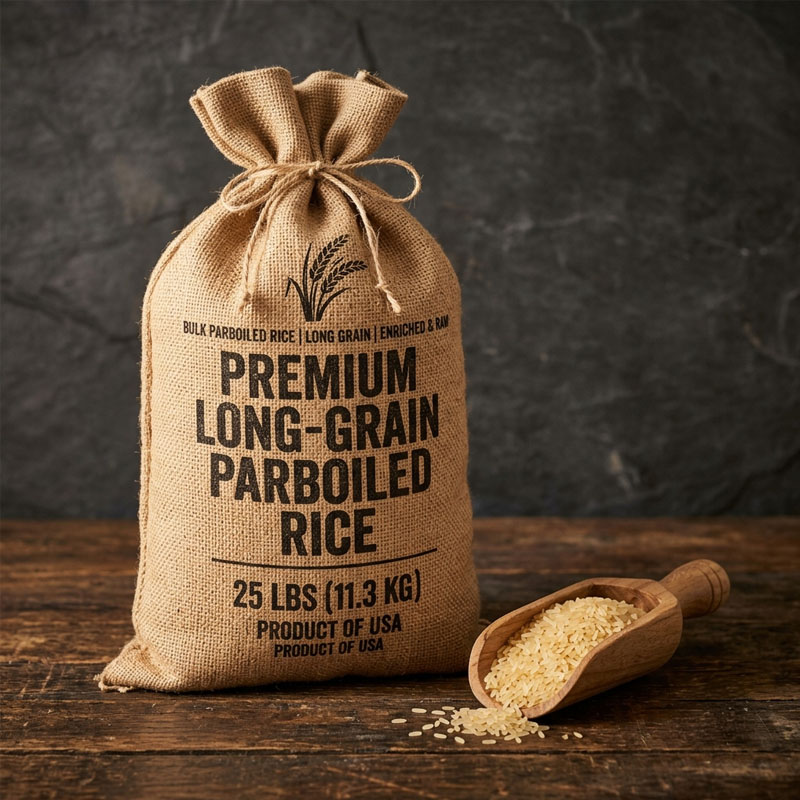 A 25-pound burlap sack of Premium Long-Grain Parboiled Rice next to a wooden scoop of rice
