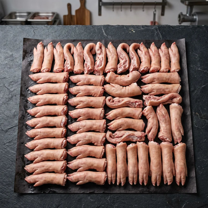 Raw pig's feet and tails arranged in rows on a dark sheet