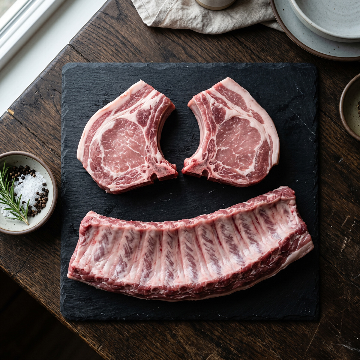 Raw pork chops and a rack of ribs arranged to look like a smiley face on a black slate board