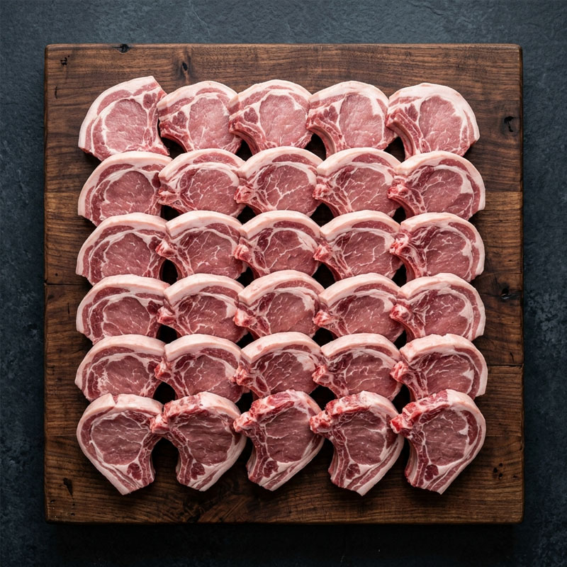 Rows of raw lamb chops on a wooden cutting board