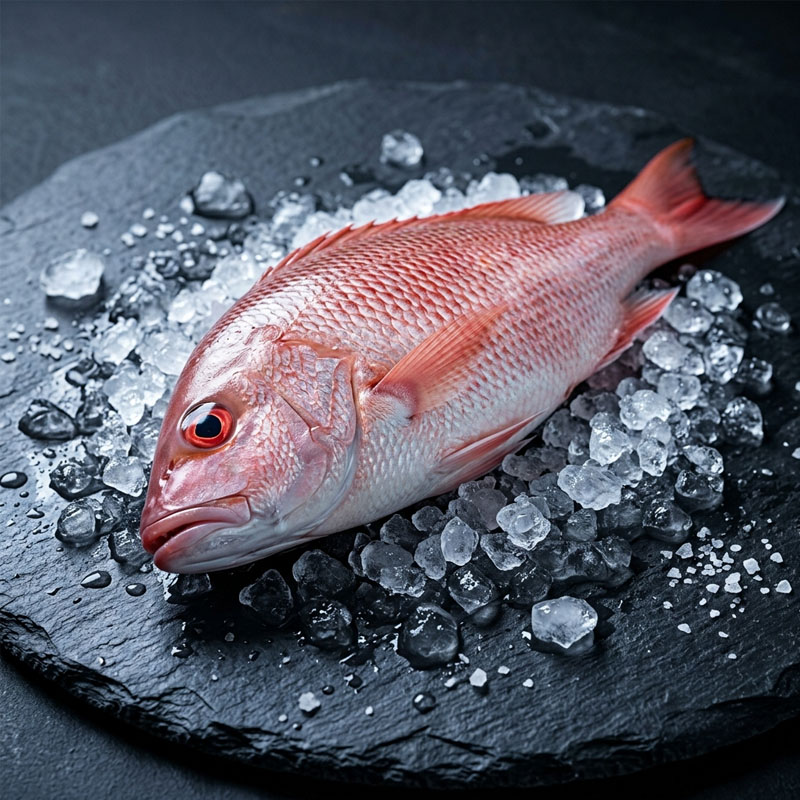 Whole red snapper fish on a bed of ice over a dark slate platter