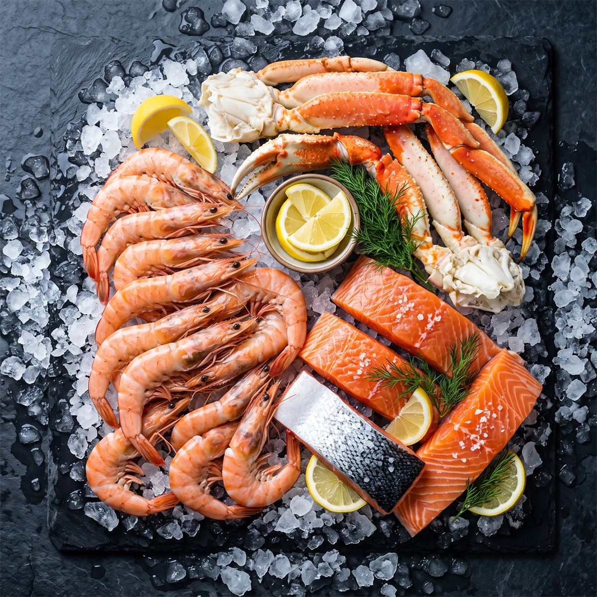 Raw shrimp, crab legs, and salmon fillets on a bed of ice with lemon slices and fresh dill