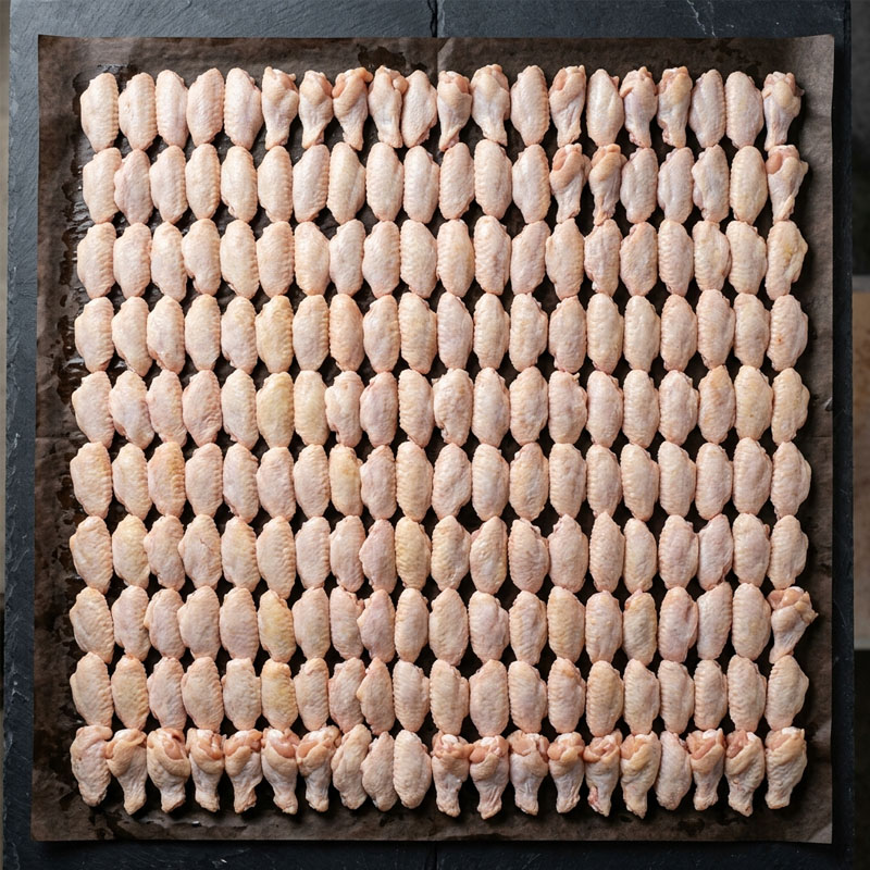 Raw chicken wings arranged in neat rows on parchment paper