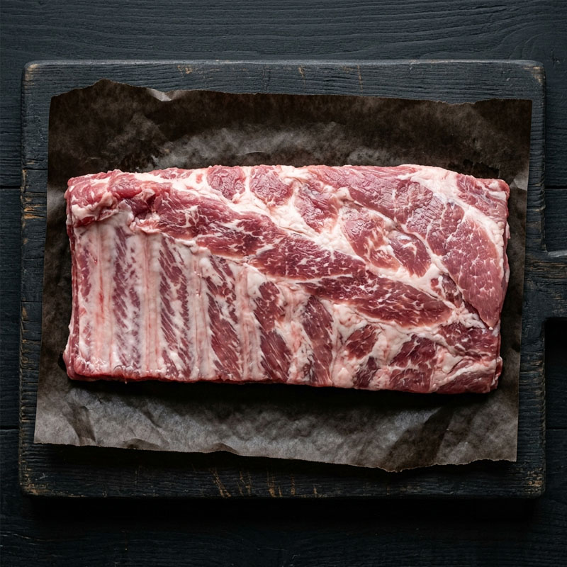 Raw, well-marbled pork ribs on a dark wooden cutting board