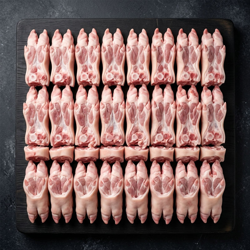 Raw pig's feet arranged in rows on a dark wooden board
