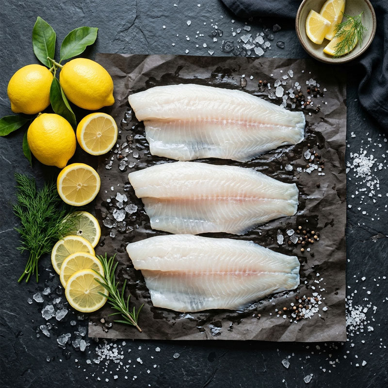 Three raw white fish fillets on parchment paper with lemons, dill, rosemary, salt, and peppercorns