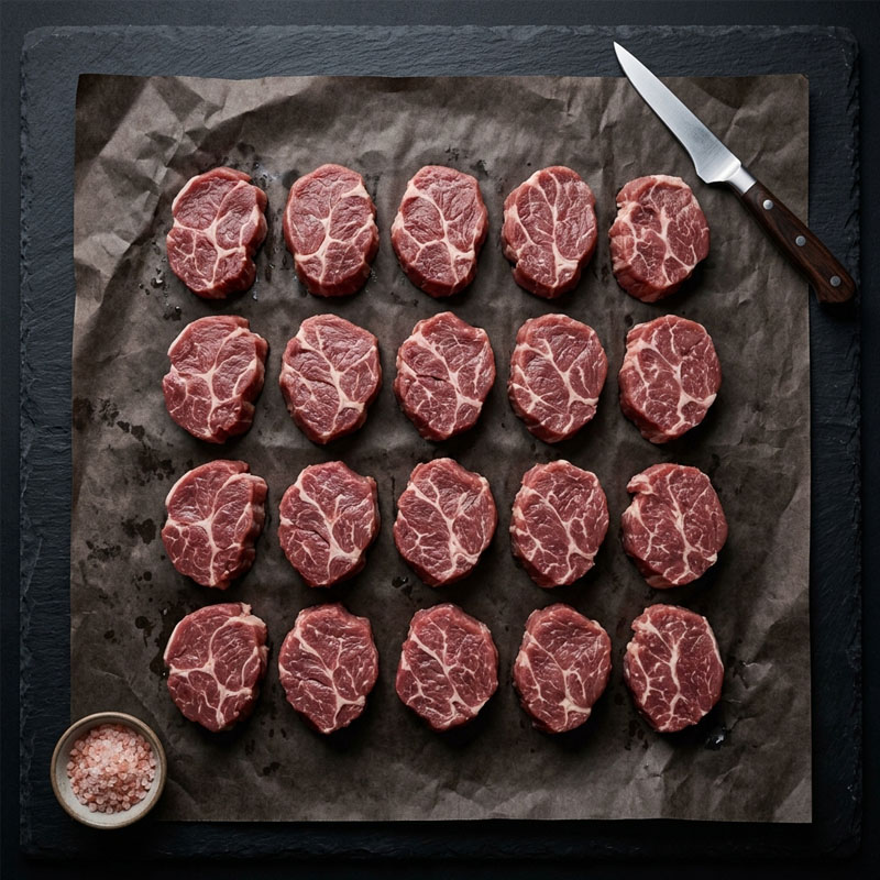Raw marbled meat medallions arranged in a grid on parchment paper with a bowl of salt and a knife