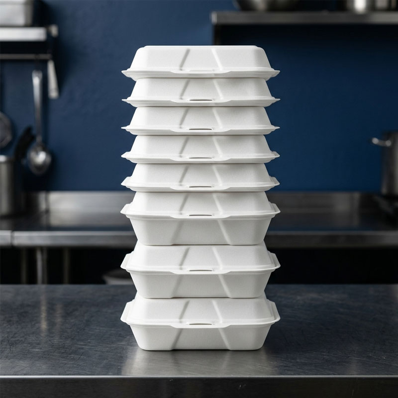 A tall stack of white foam hinged takeout containers on a stainless steel kitchen counter