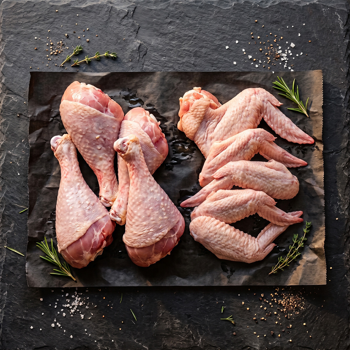 Raw chicken drumsticks and wings on black parchment paper with fresh herbs and spices
