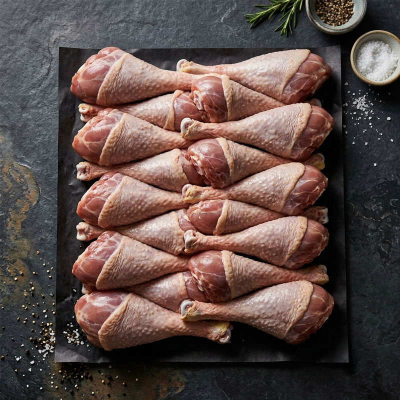 Raw chicken drumsticks arranged on black parchment paper with salt, pepper, and rosemary