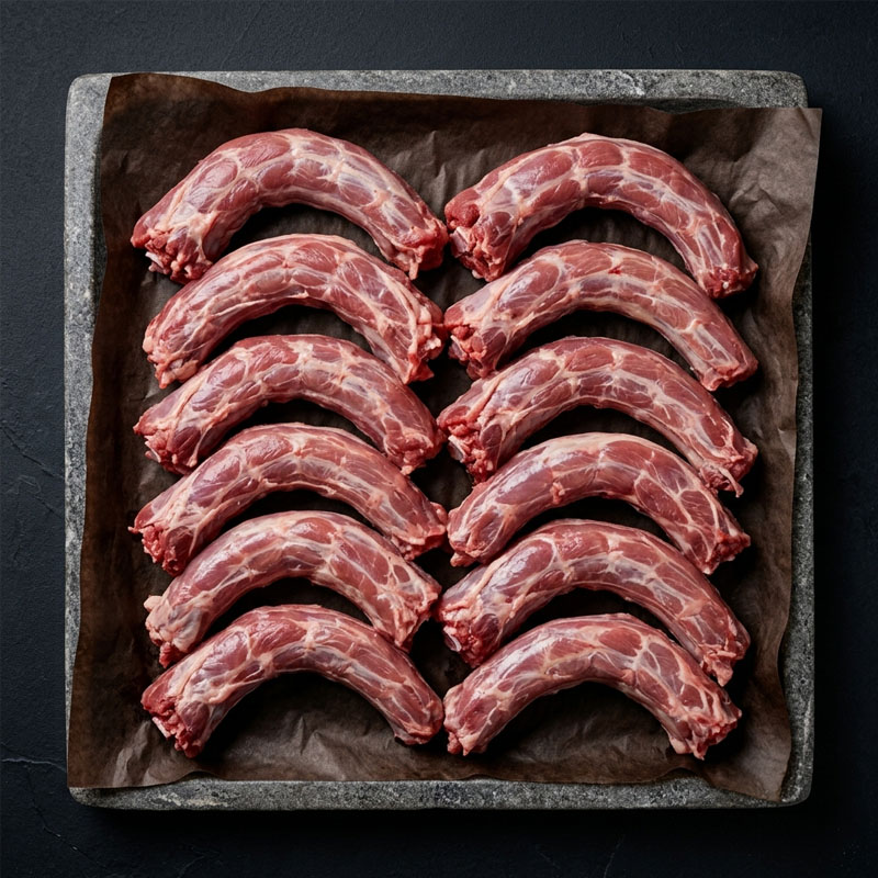 Two rows of raw turkey necks arranged on parchment paper