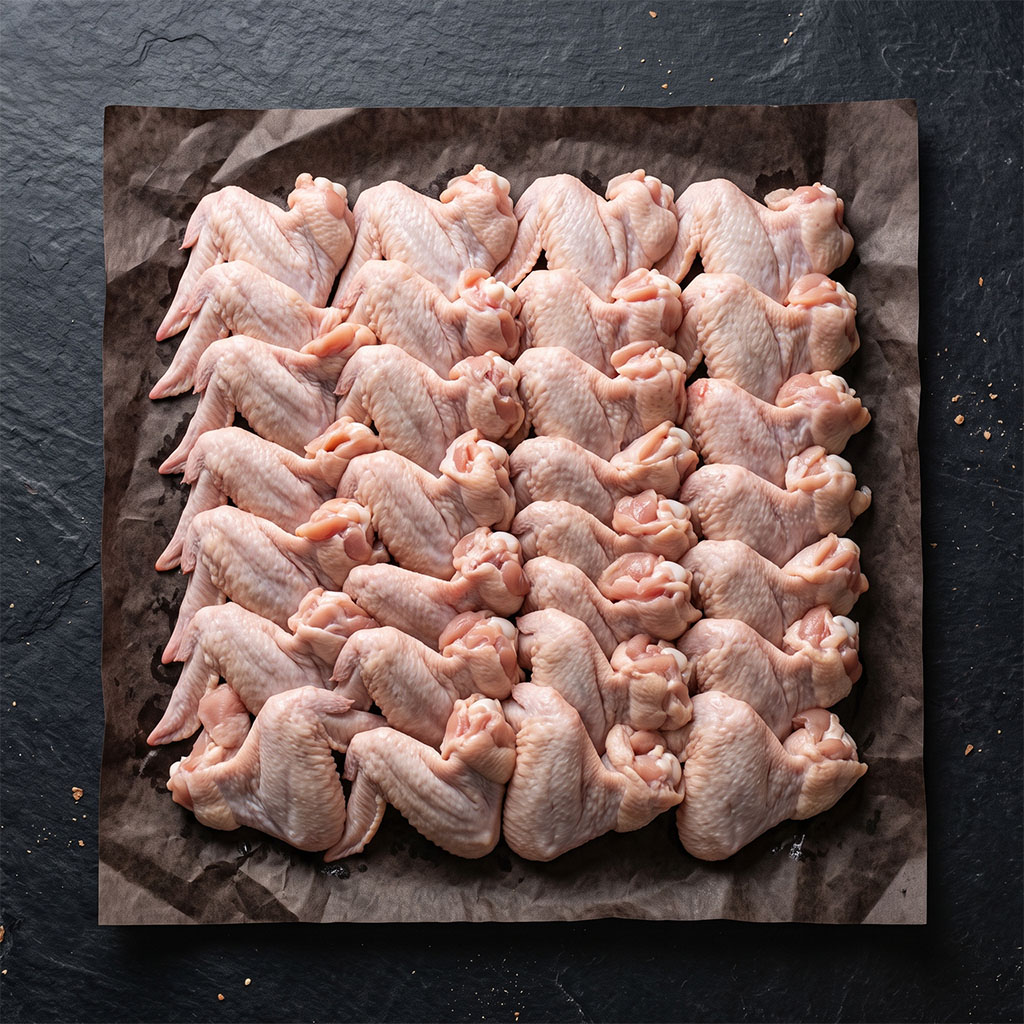 Raw chicken wings arranged in rows on parchment paper