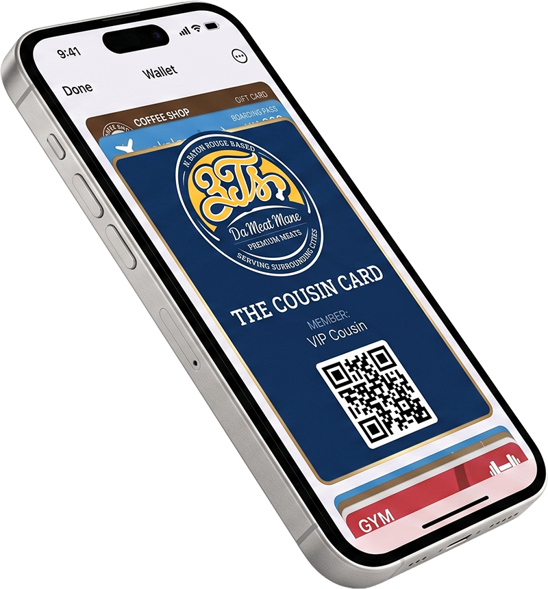Smartphone displaying a digital loyalty card for Da Meat Mane with a QR code in a mobile wallet