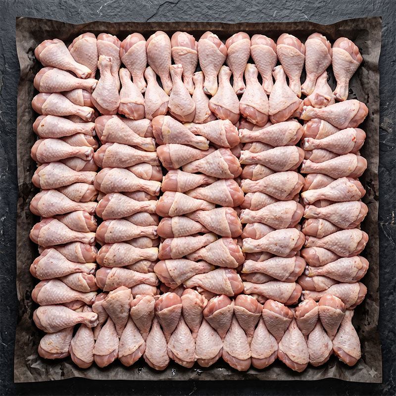 Raw chicken drumsticks arranged in a neat, dense grid on parchment paper